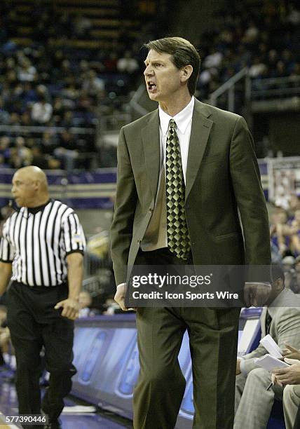 Portland State head coach Ken Bone yells at his team while they played against the Washington Huskies verse Portland State at the Bank of America...