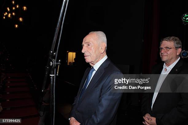 View of former Israeli President Shimon Peres at a Jerusalem Academy of Music and Dance ceremony in the Jerusalem Theater's Sherover Hall, Jerusalem,...