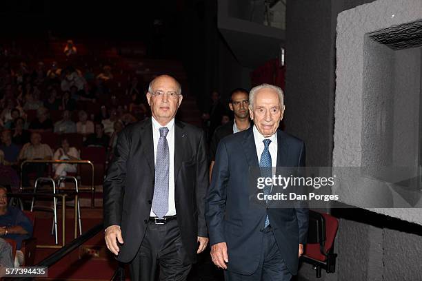 View of the head of the Jerusalem Academy of Music and Dance's Board of Directors Yair Green and former Israel President Shimon Peres during a JAMD...