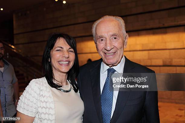Portrait of former Israeli President Shimon Peres and his personal assistant Yona Bartal as they pose together during a Jerusalem Academy of Music...