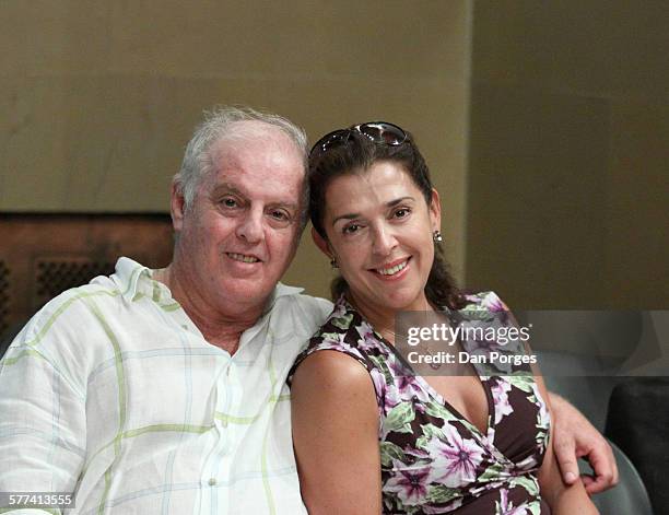 Portrait of married couple, conductor and pianist Daniel Barenboim and pianst Elena Bashkirova, as they smile and pose in the Jerusalem International...