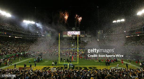 The fireworks are fired and confetti launched as the game ends with the Steelers winning their record sixth Super Bowl, Super Bowl XLIII with the...