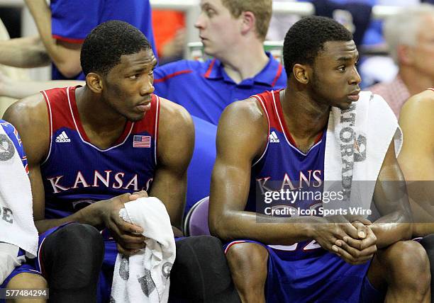 January 2014 - Kansas Jayhawks center Joel Embiid and forward Andrew Wiggins during the Big 12 conference matchup between the TCU Horned Frogs and...