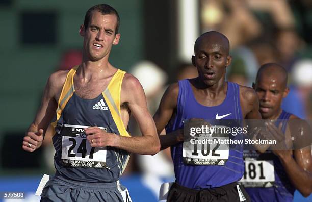 Alan Culpepper leads Abdihakim Abdirahma and Mebrahtom Keflezigh during the 10,000 meter during the USA Outdoor Track & Field Championships at...