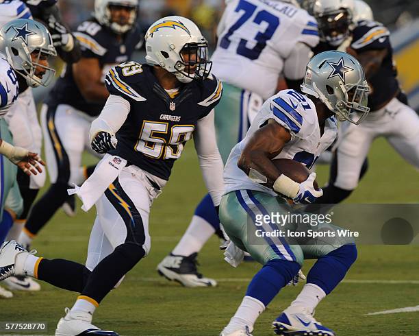 August 7, 2014; San Diego, Ca; USA; Dallas Cowboys Running Back Joseph Randle is being pursued by San Diego Chargers Linebacker Andrew Gachkar . San...