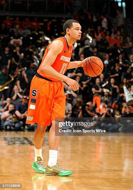 Syracuse University guard Tyler Ennis plays against the University of Miami in Syracuse's 64-52 victory at BankUnited Center, Coral Gables, Florida.