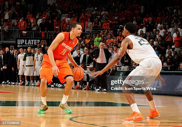 Syracuse University guard Tyler Ennis plays against the University of Miami in Syracuse's 64-52 victory at BankUnited Center, Coral Gables, Florida.
