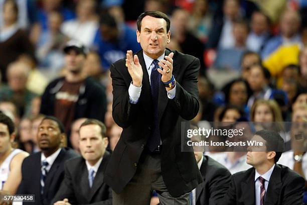 Duke head coach Mike Krzyzewski in the Duke Blue Devils 66-65 victory over the Boston College Eagles in the ACC Tournament at The Georgia Dome in...