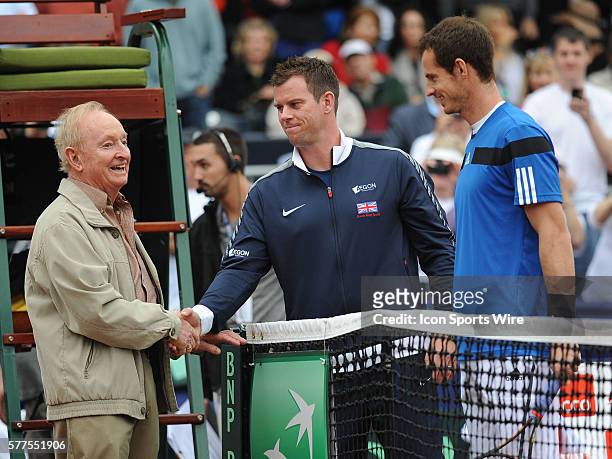 Rod Laver with British Davis Cup coach Leon Smith and Andy Murray before Laver tosses the coin to start the first match at Davis Cup, Petco Park, San...
