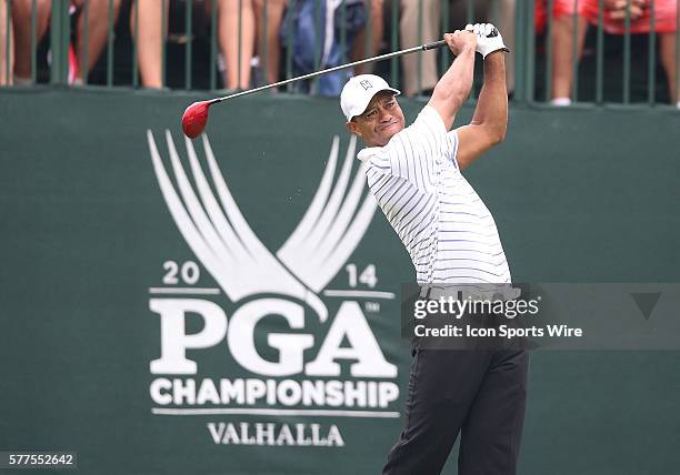 Tiger Woods tees off during the second round of the PGA Championship at Valhalla Golf Club in Louisville, Ky.