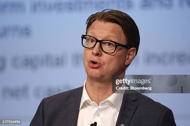 Hans Vestberg, chief executive officer of Ericsson AB, speaks during a news conference to present second quarter earnings at Ericsson Studio in...