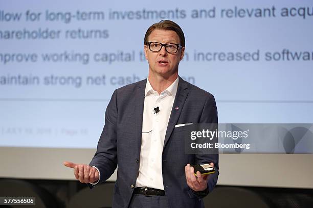 Hans Vestberg, chief executive officer of Ericsson AB, gestures whilst speaking during a news conference to present second quarter earnings at...