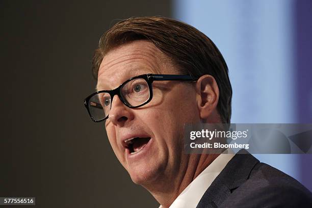 Hans Vestberg, chief executive officer of Ericsson AB, speaks during a news conference to present second quarter earnings at Ericsson Studio in...