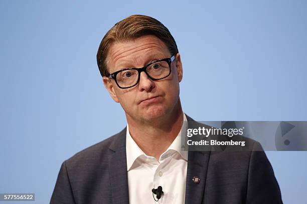 Hans Vestberg, chief executive officer of Ericsson AB, pauses during a news conference to present second quarter earnings at Ericsson Studio in...