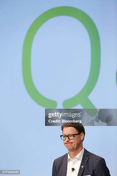 Hans Vestberg, chief executive officer of Ericsson AB, pauses during a news conference to present second quarter earnings at Ericsson Studio in...