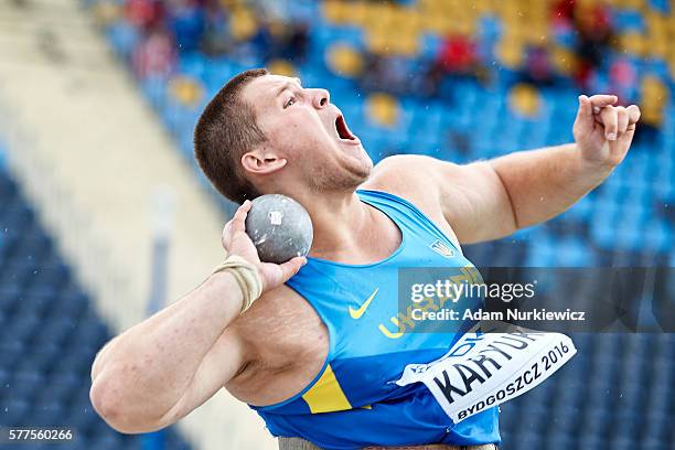 Ivan Karyuk from Ukraine competes in men's shot put qualification during the IAAF World U20 Championships - Day 1 at Zawisza Stadium on July 19, 2016...