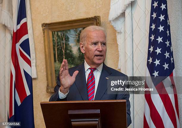 Vice-President Joe Biden speaks to the Australian Prime Minister Malcolm Turnbull and other dignitaries before dinner at Admiralty House, Kirribilli...