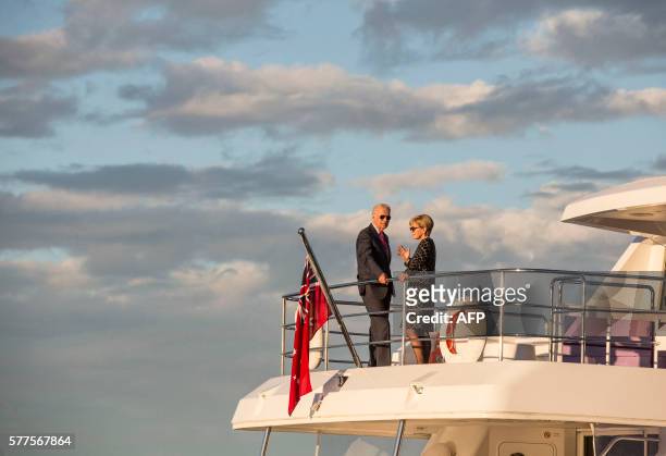 Vice President Joe Biden and Australian Foreign Minister Julie Bishop ride onboard a boat during a cruise on Sydney Harbour on July 19, 2016. US and...