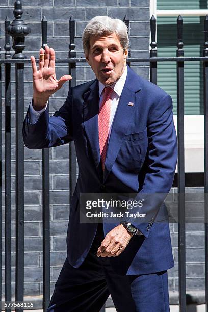 Secretary of State John Kerry arrives at Number 10 Downing Street on July 19, 2016 in London, United Kingdom. Mr Kerry meets with British Prime...