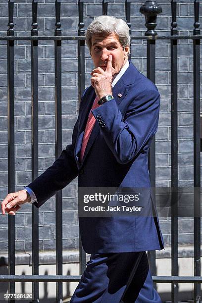 Secretary of State John Kerry arrives at Number 10 Downing Street on July 19, 2016 in London, United Kingdom. Mr Kerry meets with British Prime...