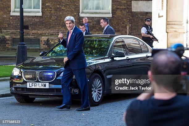 Secretary of State John Kerry arrives at Number 10 Downing Street on July 19, 2016 in London, United Kingdom. Mr Kerry meets with British Prime...