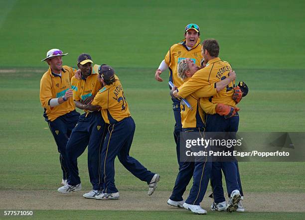 Hampshire players celebrate as they win the Cheltenham & Gloucester Trophy Final between Hampshire and Warwickshire at Lord's Cricket Ground, London,...