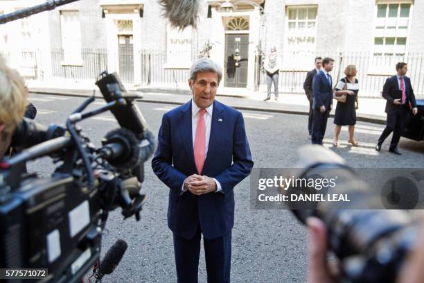 Secretary of State John Kerry addresses the media outside 10 Downing Street in central London on July 19 following his meeting with new British Prime...