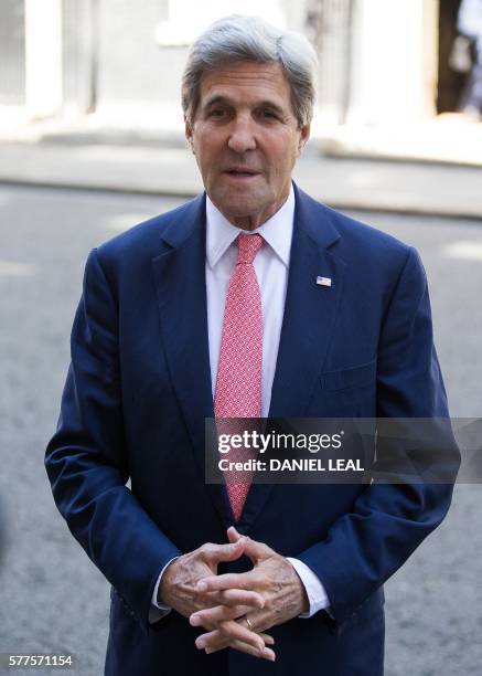 Secretary of State John Kerry addresses the media outside 10 Downing Street in central London on July 19 following his meeting with new British Prime...