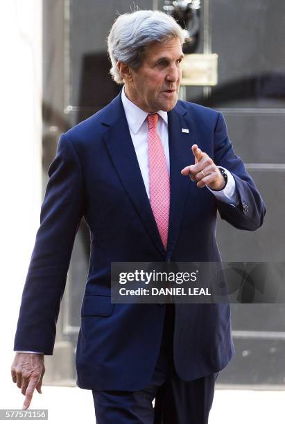 Secretary of State John Kerry addresses the media outside 10 Downing Street in central London on July 19 following his meeting with new British Prime...