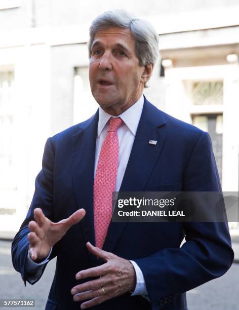 Secretary of State John Kerry addresses the media outside 10 Downing Street in central London on July 19 following his meeting with new British Prime...