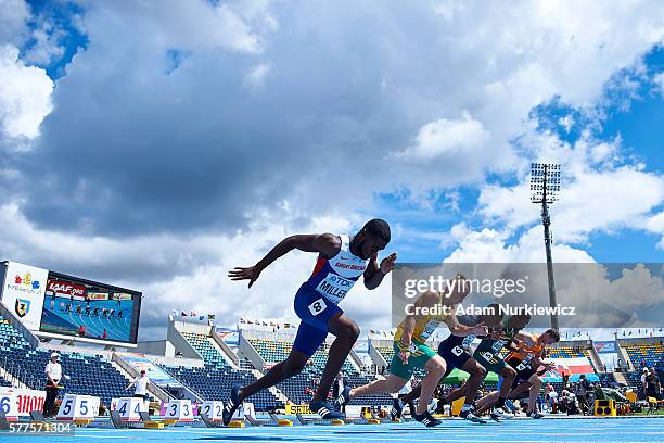 Rechmial Miller from Great Britain competes in men's 100 meters qualification during the IAAF World U20 Championships - Day 1 at Zawisza Stadium on...