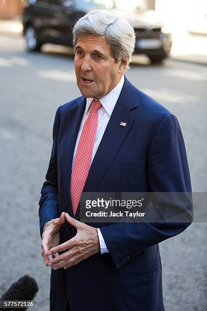 Secretary of State John Kerry speaks to the media outside Number 10 Downing Street on July 19, 2016 in London, United Kingdom. Mr Kerry meets with...