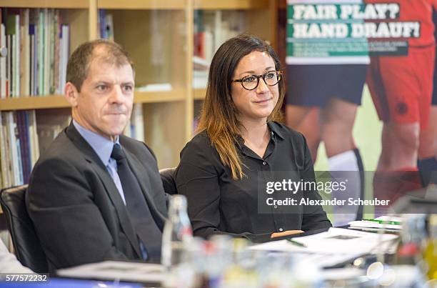 Director Willi Hink and Nadine Kessler during the DFB fairplay price jury meeting at DFB headquarter on July 19, 2016 in Frankfurt am Main, Germany.