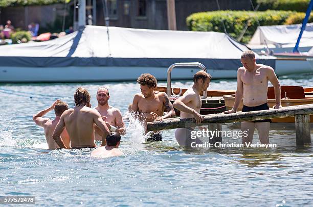 The Players of Borussia swim in the Tegernsee after a training session on day 4 of Borussia Moenchengladbach Training Camp on July 19, 2016 in...