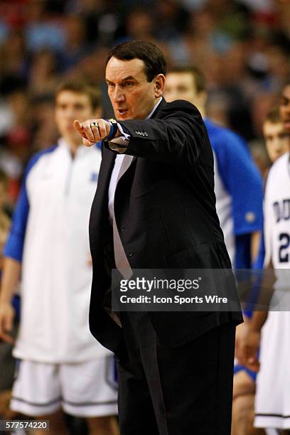Duke University head coach Mike Krzyzewski gives his players instructions against Maryland during the third round of the ACC college basketball...