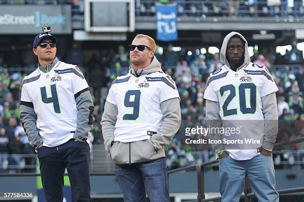 Seattle Seahawks Steve Hauschka, #9 Jon Ryan and Jeremy Lane took in the moment on stage with fellow teammates. Seattle Seahawks players and 12th man...