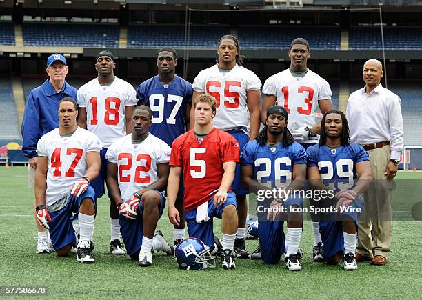 The 2009 draft class back row, head coach Tom Coughlin, wide receiver Hakeem Nicks , linebacker Clint Sintim , tackle William Beatty , wide receiver...