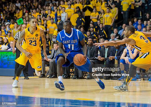 February 8, 2014 Saint Louis Billikens guard Mike McCall Jr. Charges towards the lane during the Saint Louis Billikens versus the La Salle Explorers...