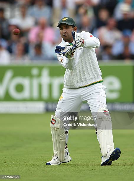 Sarfraz Ahmed of Pakistan during day two of the first Investec test match between England and Pakistan at Lord's Cricket Ground on July 15, 2016 in...