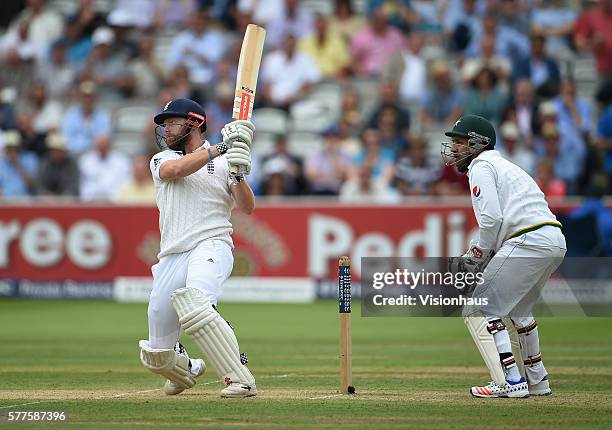 Jonny Bairstow of England batting as Sarfraz Ahmed of Pakistan looks on during day two of the first Investec test match between England and Pakistan...