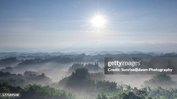 bright sunlight shining in the blue sky over distant mountains and into the lush bamboo trees in valley, taiwan. - back lit clouds stock pictures, royalty-free photos & images