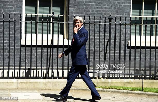 Secretary of State John Kerry arrives at Number 10 Downing Street to meet with British Prime Minister Theresa May on July 19, 2016 in London, United...