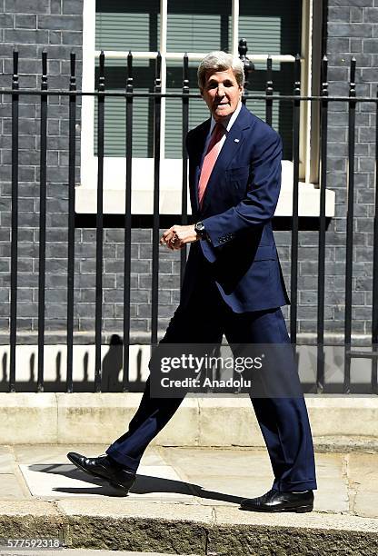 Secretary of State John Kerry arrives at Number 10 Downing Street to meet with British Prime Minister Theresa May on July 19, 2016 in London, United...