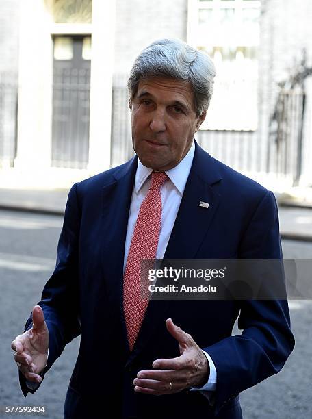 Secretary of State John Kerry arrives at Number 10 Downing Street to meet with British Prime Minister Theresa May on July 19, 2016 in London, United...