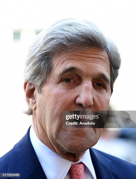 Secretary of State John Kerry arrives at Number 10 Downing Street to meet with British Prime Minister Theresa May on July 19, 2016 in London, United...