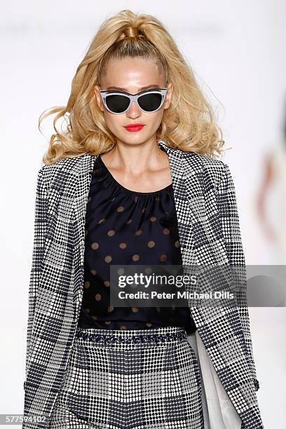 Model walks the runway at the Guido Maria Kretschmer show during the Mercedes-Benz Fashion Week Berlin Spring/Summer 2017 at Erika Hess Eisstadion on...