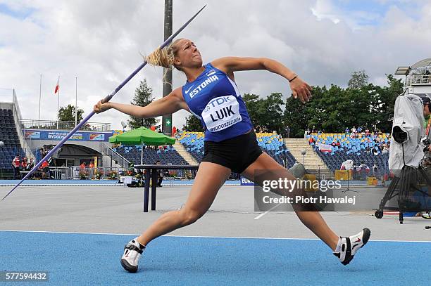 Mirell Luik from Estonia competes in women's javelin during day one of the IAAF World U20 Championships at the Zawisza Stadium on July 19, 2016 in...