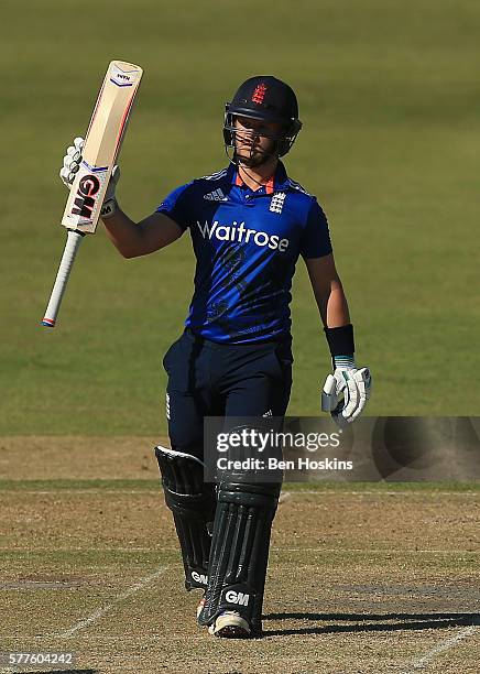 Ben Duckett of England celebrates reaching 150 runs during the Triangular Series match between England Lions and Pakistan A on July 19, 2016 in...