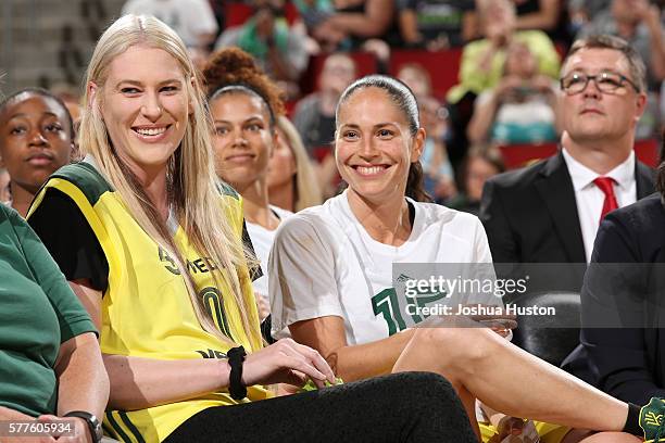 Retired WNBA player Lauren Jackson is honored during a ceremony retiring her No. 15 jersey which became the first jersey retired by the Storm at Key...