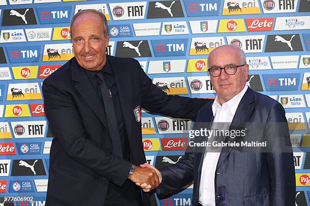 The new Italy head coach Giampiero Ventura attends the Italy National team sponsor meeting with Carlo Tavecchio, president of FIGC at Coverciano on...